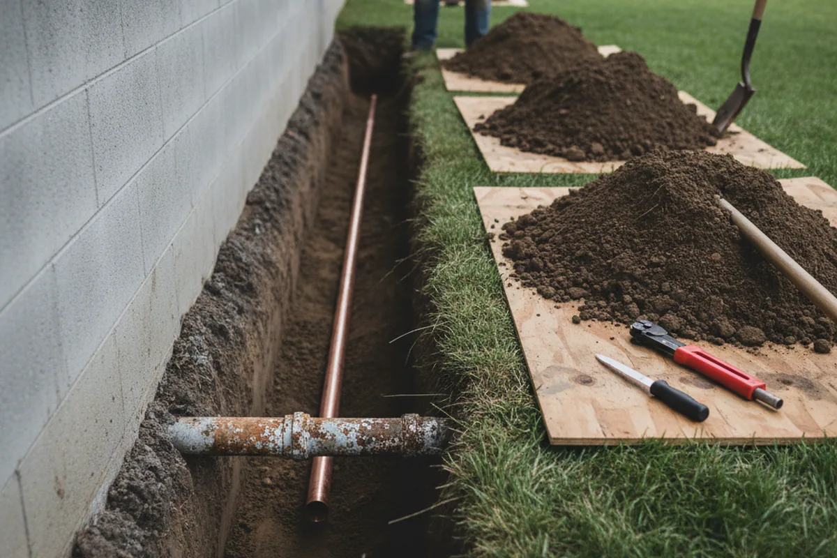 Excavated water line trench during Water Softener Installation in Trinidad